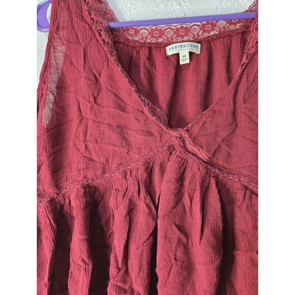 Earthbound Top Womens Medium Red Lace Trim Sleeveless Boho Ruffle Tank Rayon - Picture 2 of 8